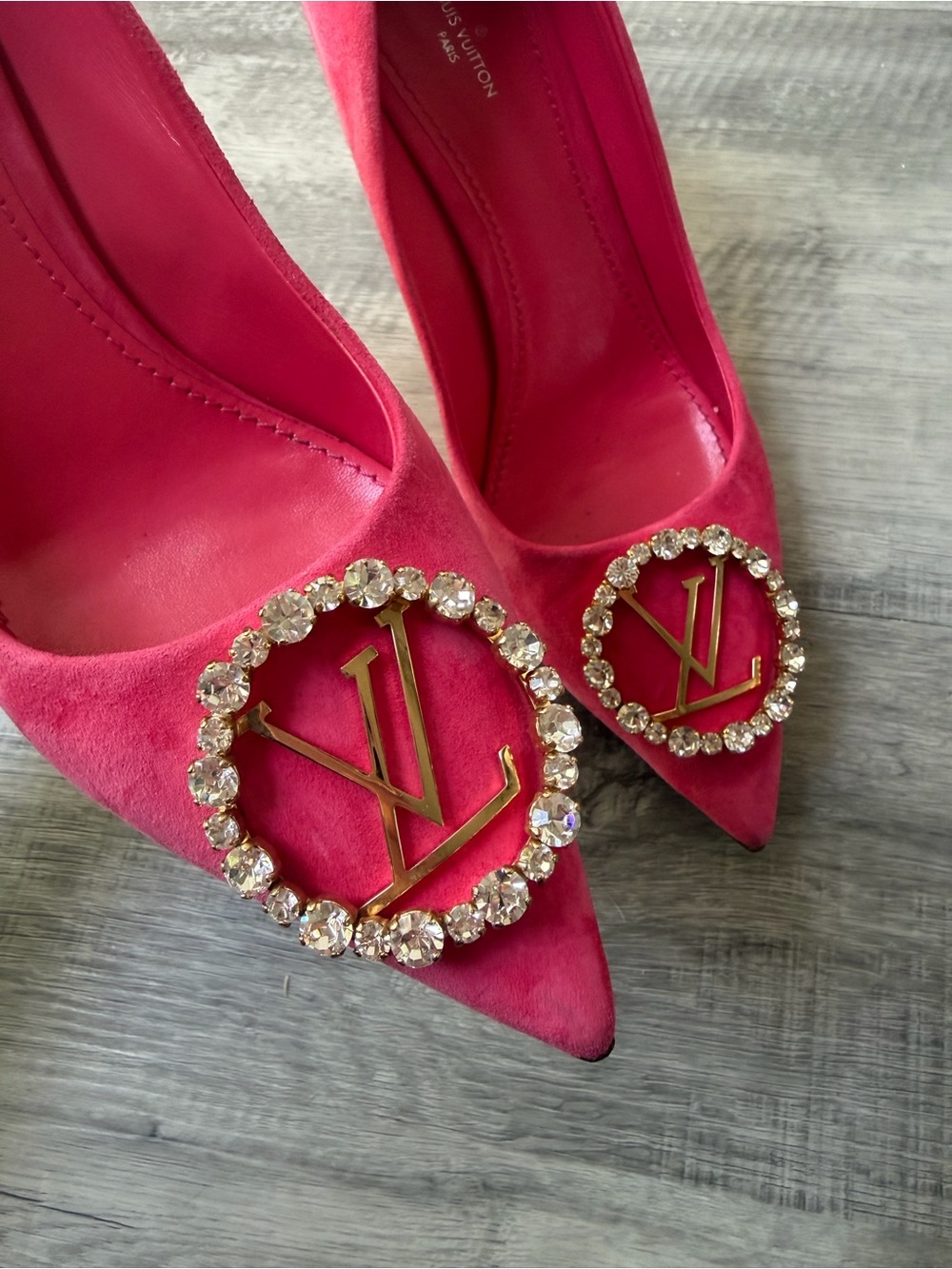 Louis Vuitton Pink Suede Pointed-Toe Heels with Crystal LV Emblem - Picture 11 of 14